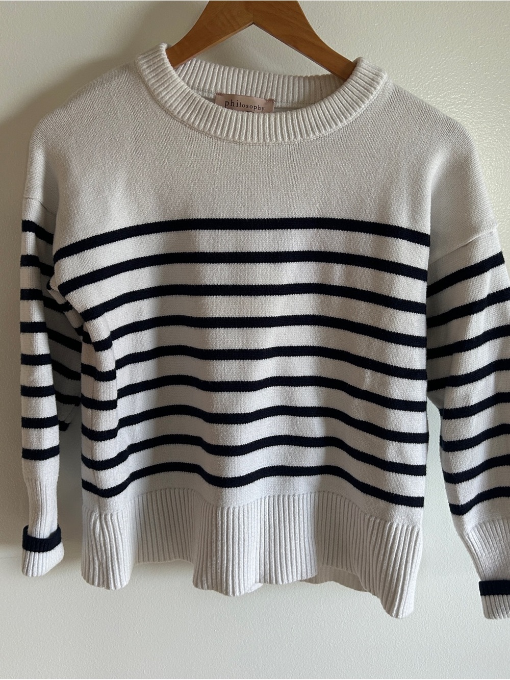 Philosophy Republic Women’s Striped Crewneck Casual Sweater in White & Navy